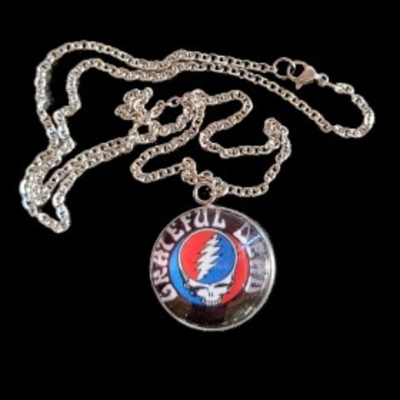 Grateful Dead Steal Your Face Necklace-Earring Set Glass Photo Cabochon Pendants - Picture 3 of 9